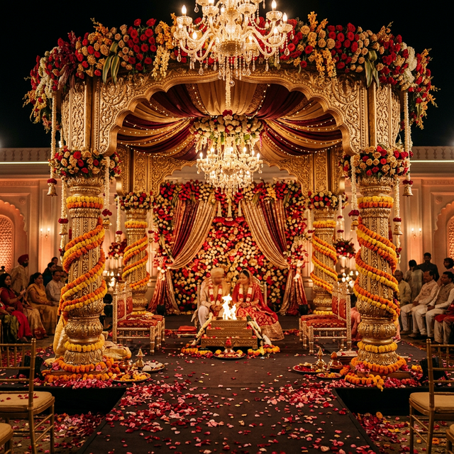 Luxury wedding mandap decoration with golden pillars, marigold garlands, and crystal chandeliers
