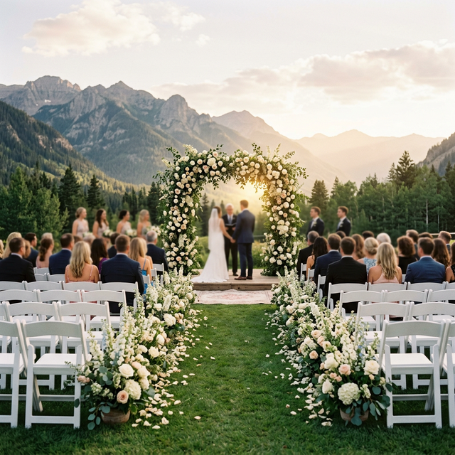 Outdoor garden wedding ceremony with mountain backdrop