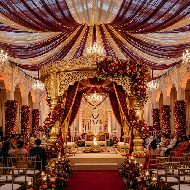 Royal wedding mandap with maroon draping and golden accents