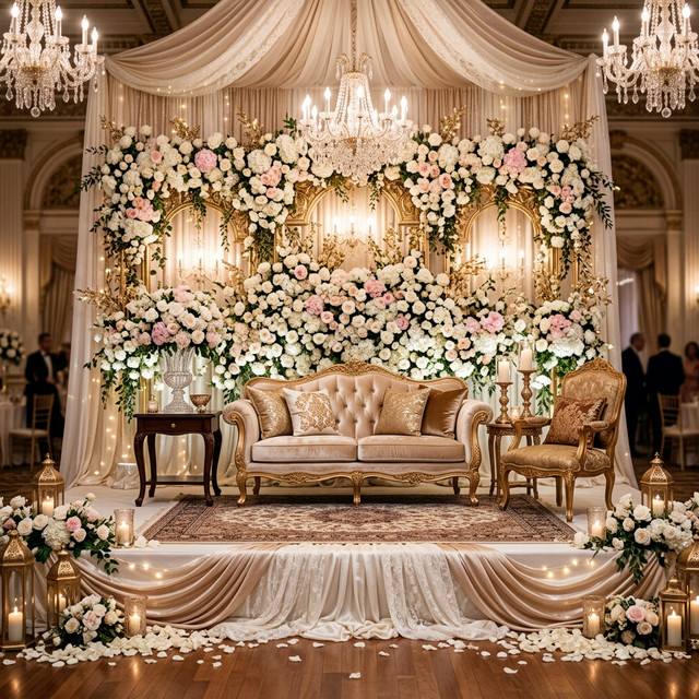 Elegant wedding stage decoration with white roses and gold accents